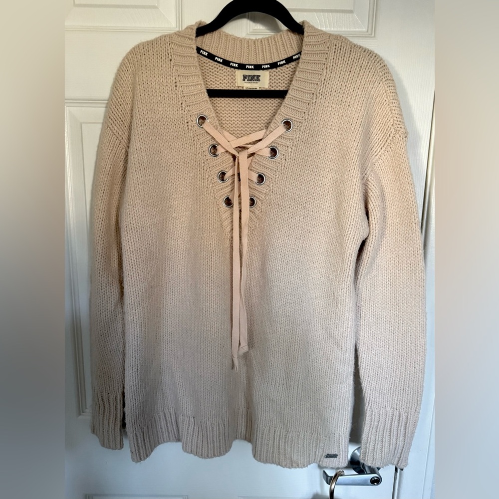 Victoria's Secret Cream Lace-Up Knit Sweater